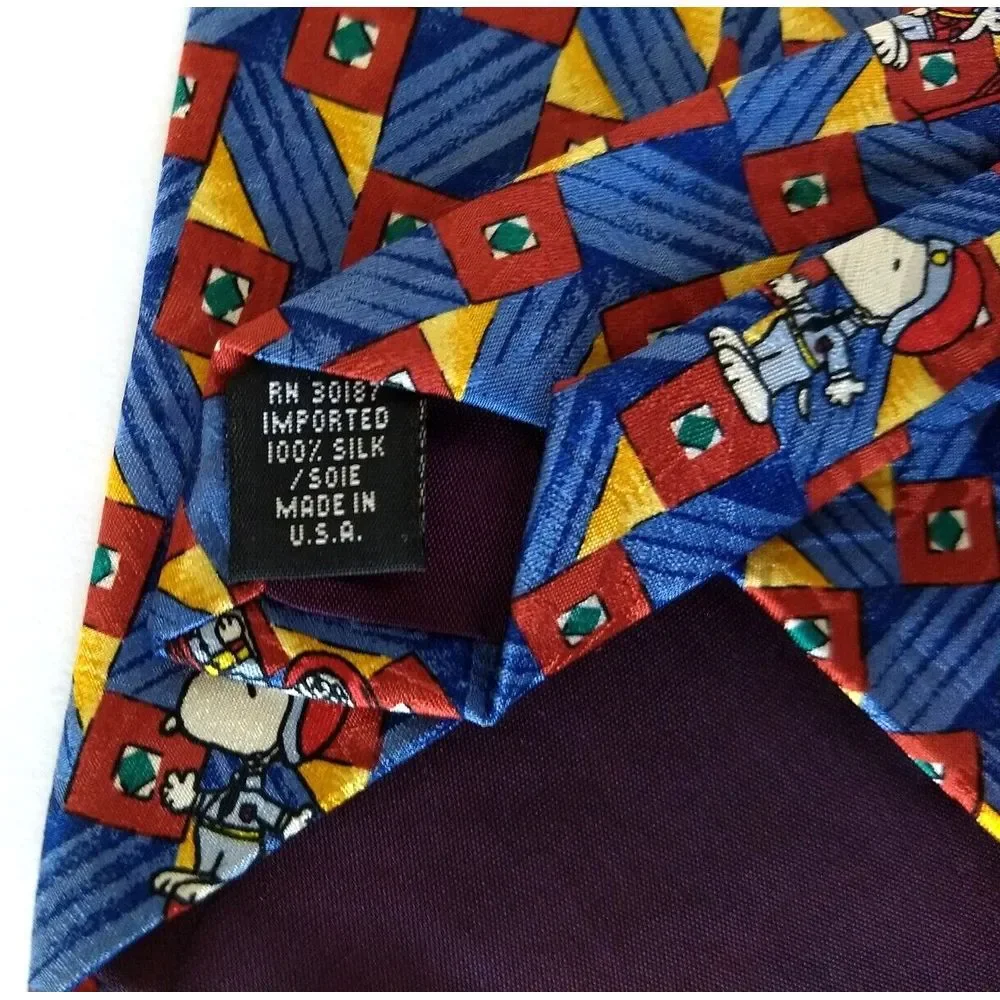 SNOOPY Peanuts Silk Tie Is It Friday Yet? Blue Red & Yellow Geometric Stripe USA